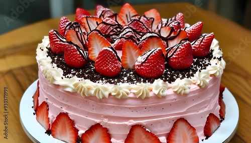 Medium sized strawberry cake decorated with chocolate powder. The cake is light pink from the strawberry flavor. photo