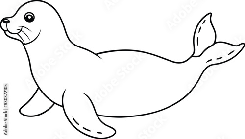 Seal outline line art or sketch illustration, lying on its belly with its flippers extended, drawn with rounded, simple lines on a white background.