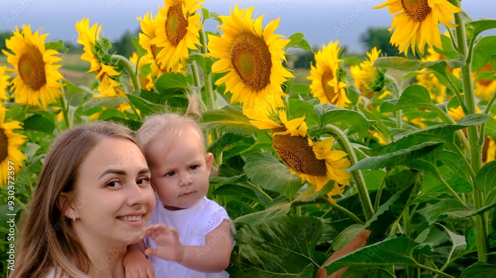 mother with baby in sunflower field. Selective focus. mother with baby in sunflower field. Selective focus.