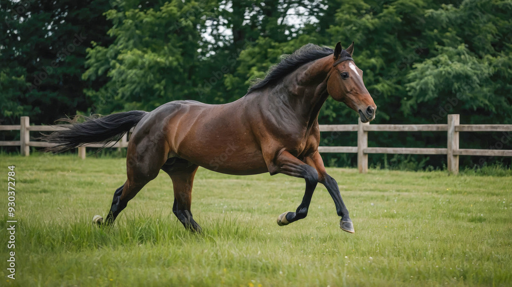A bay horse galloping freely on lush green grass, surrounded by nature A bay horse galloping freely on lush green grass, surrounded by nature