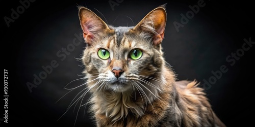 A majestic senior feline stands confidently, its piercing green eyes and unique melanosis skin condition stealing the show against a dramatic black background. photo