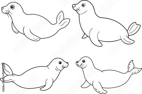 Seal outline set illustration line art or sketch, lying on its belly with its flippers extended, drawn with rounded, simple lines on a white background.