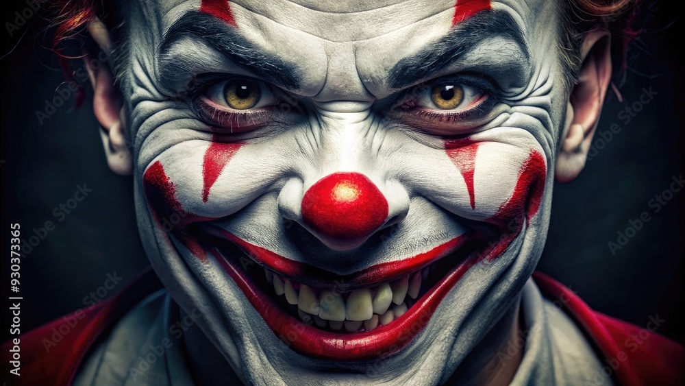 A menacing yet charismatic clown's face with a wide, red-lipped grin and dark eyeliner, exuding a sense of playful chaos and mischievous intent. A menacing yet charismatic clown's face with a wide, red-lipped grin and dark eyeliner, exuding a sense of playful chaos and mischievous intent.