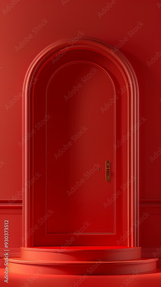 A red arched door set against a red background, designed in 3D to display products, creating a striking and elegant showcase for various items A red arched door set against a red background, designed in 3D to display products, creating a striking and elegant showcase for various items