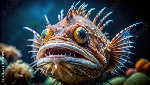 A mesmerizing close-up of a lophius, also known as an angler fish, showcasing its unique fleshy growth on top of its head used for luring prey. photo