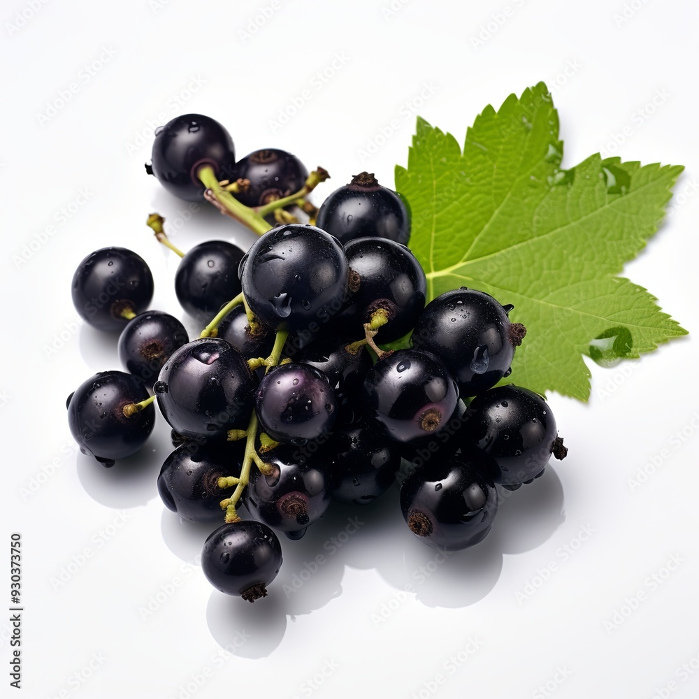 Fresh black currant berries with green leaves isolated on white background Fresh black currant berries with green leaves isolated on white background