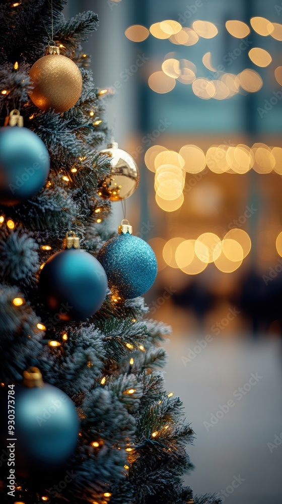 Frosted Christmas Tree with Blue and Gold Ornaments at Night Frosted Christmas Tree with Blue and Gold Ornaments at Night