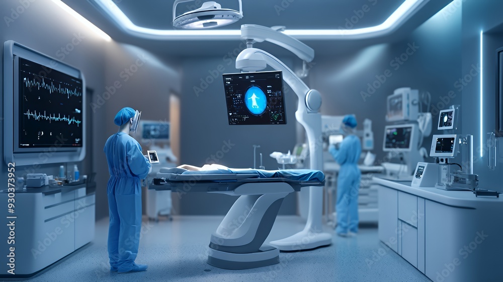 A modern surgical room equipped with advanced medical technology and healthcare professionals. A modern surgical room equipped with advanced medical technology and healthcare professionals.