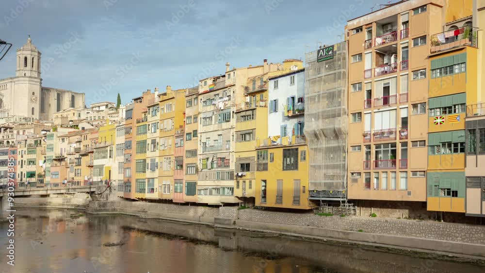 day time girona city famous colorful riverside pedestrian bridge panorama 4k timelapse spain day time girona city famous colorful riverside pedestrian bridge panorama 4k timelapse spain