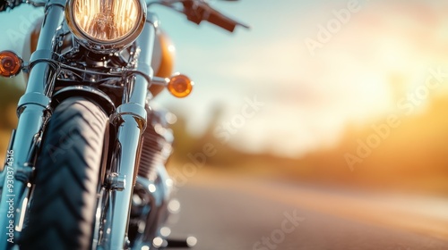 The image features a close-up of a motorcycle front view, highlighting its headlamp and handlebars with a beautiful sunrise casting warm light on the scene. photo