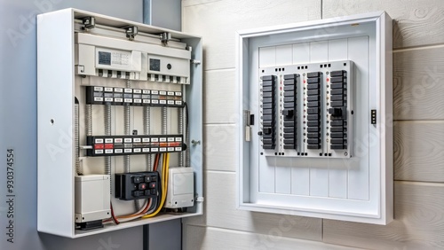 A modern electrical service panel with clearly labeled breakers and switches, installed on a white wall, providing safe and efficient power distribution in a residential setting. photo