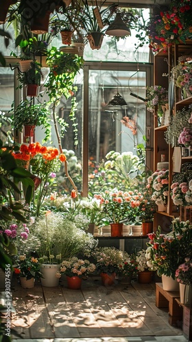 Empty flower plant store shop building interior indoor, nobody. Fresh floral decoration, nature gardening, vintage botanical blossom market