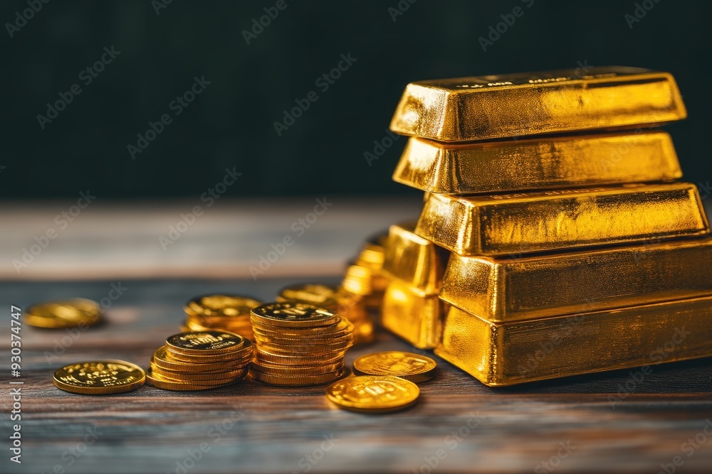 Luxurious Gold Bullion and Coins Arranged Neatly Luxurious Gold Bullion and Coins Arranged Neatly