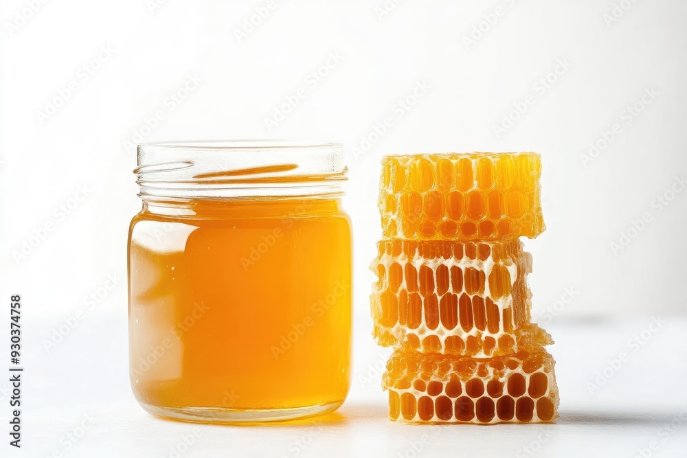 Pure Honey Jar with Fresh Honeycomb on White Background