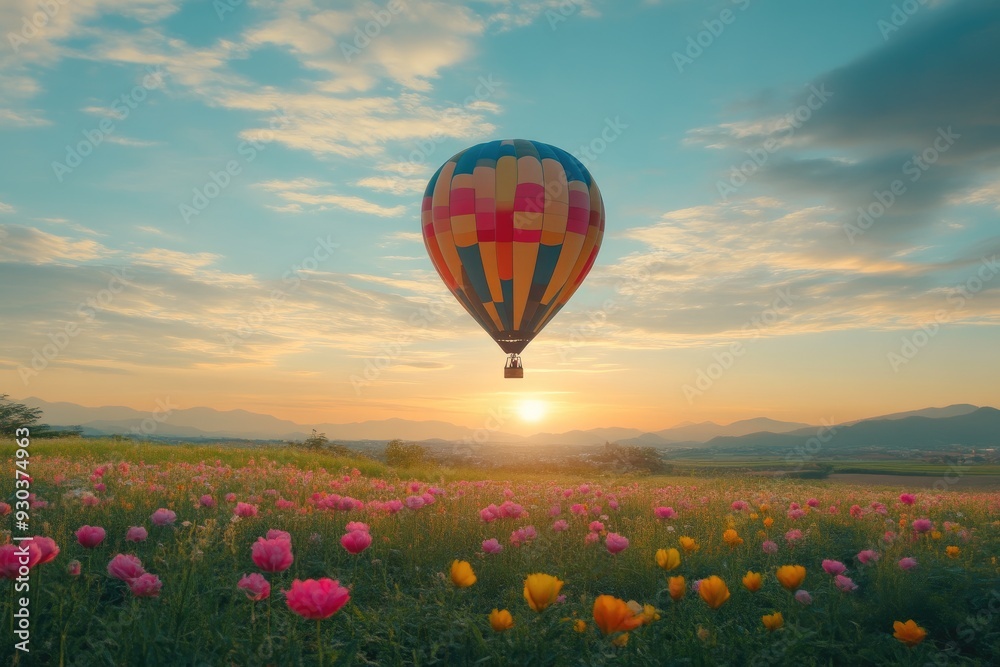 Fototapeta premium Scenic View of Hot Air Balloon Above Blooming Flower Farm
