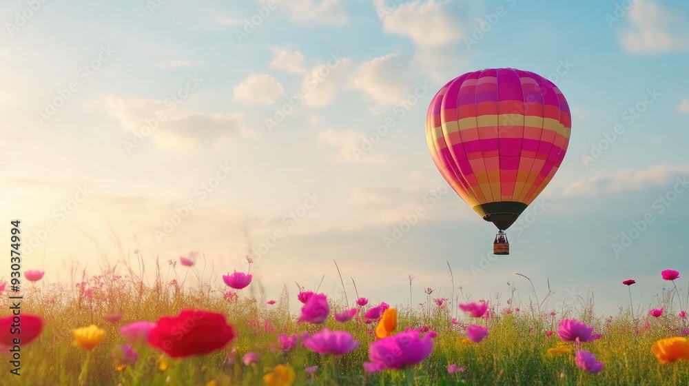 Obraz premium Hot Air Balloon Gliding Above Lush Flower Landscape