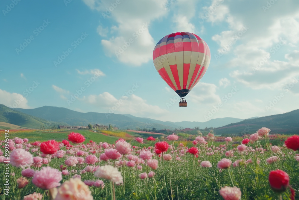 Fototapeta premium Hot Air Balloon and Flower Farm: Aerial Delight