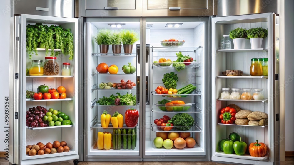 A modern, sleek refrigerator with a transparent glass door serves as a showcase for fresh fruits, vegetables, and other healthy food options. A modern, sleek refrigerator with a transparent glass door serves as a showcase for fresh fruits, vegetables, and other healthy food options.