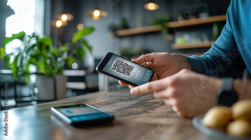 Man Scans QR Code on Smartphone.