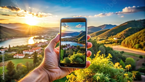 A modern smartphone with a dual-lens camera is held by a hand, capturing a scenic view, with a blurred background, on a sunny day outdoors. photo