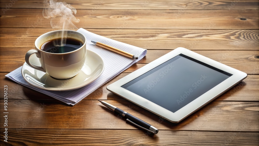 A modern touchscreen tablet lies on a wooden desk surrounded by scattered papers, pens, and a steaming cup of coffee, epitomizing a busy workspace.