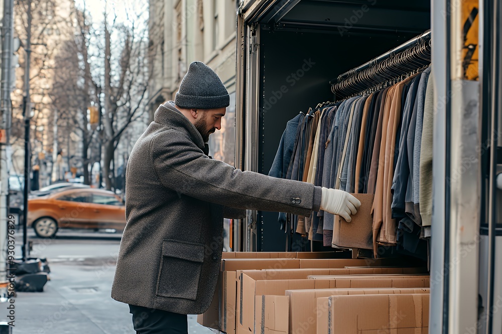 A man organizing clothing in a mobile retail setup on a city street. A man organizing clothing in a mobile retail setup on a city street.