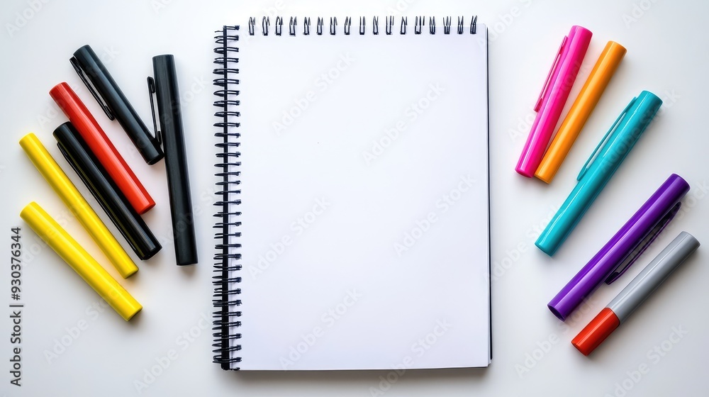A white background with a collection of colorful markers and an empty sketchbook, emphasizing the potential for creativity on a clean slate.