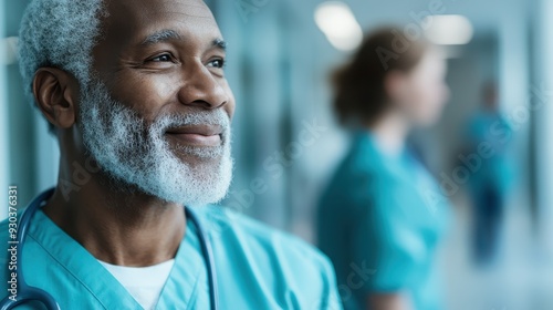 Close-up of an elderly medical professional wearing blue scrubs and a stethoscope, standing in a hospital corridor, showcasing dedication to healthcare and professional expertise.