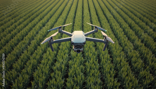 Aerial tracking shot of a DJI Agras T30 surveying the health of the crops below isolated with white highlights, png photo