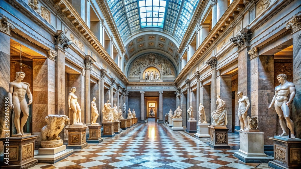 Fototapeta premium Ancient Greek and Roman antiquities fill the grand hall of a historic museum, with marble statues, friezes, and artifacts on display under a vaulted ceiling.