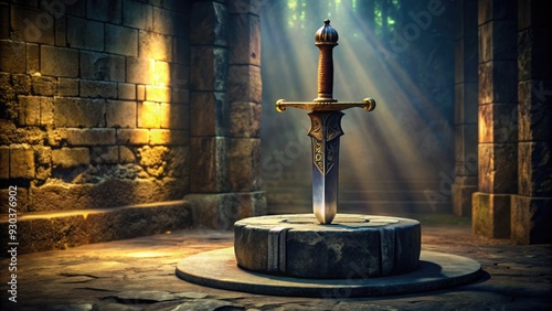 Ancient battle-worn sword with intricate engravings and ornate hilt lies atop a worn stone pedestal, surrounded by shadows and mysterious medieval ambiance. photo