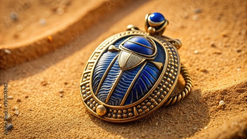 Ancient Egyptian golden scarab beetle pendant adorned with intricate hieroglyphics and lapis lazuli, symbolizing rebirth and protection, against a warm sandy desert backdrop. photo