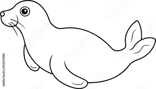 An outline illustration of a seal, lying on its belly with its flippers extended, drawn with rounded, simple lines on a white background.