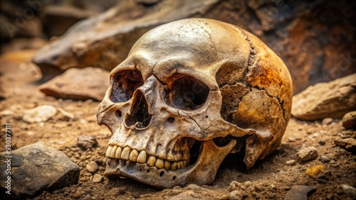  Ancient human fossilized skull fragment, excavated from earth, displays worn, weathered texture, revealing secrets of primitives, with subtle, earthy tones and delicate cracks. photo