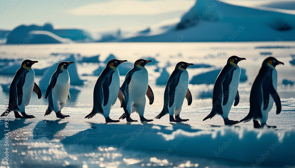 Obraz premium A group of penguins marches on ice near the ocean's edge, casting long shadows in a serene