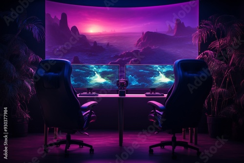 Streaming room with purple lights two monitors