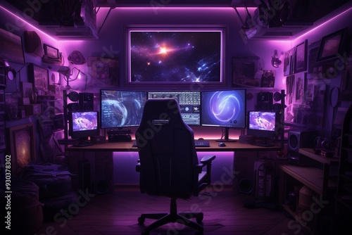 Streaming room with purple lights two monitors