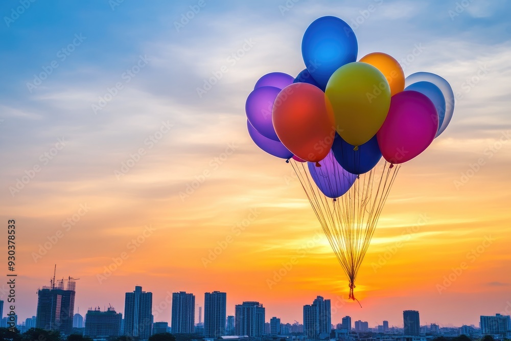 Fototapeta premium Colorful Balloons Over City Silhouette at Sunset, Advert Style