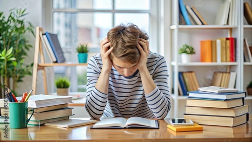 An overwhelmed teenager sits at a cluttered desk, surrounded by books and homework, with their head in their hands, expressing anxiety and frustration. photo