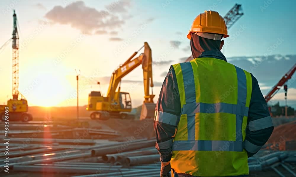 Worker from behind dressed in work clothes observing some excavators on the construction site Worker from behind dressed in work clothes observing some excavators on the construction site