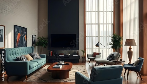 Photo of a mid-century modern lounge with iconic furniture pieces and a retro aesthetic