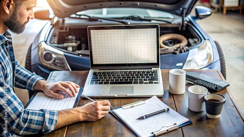 A organized workspace with a laptop, notebook, and car manual, suggesting a person is researching and estimating costs for a vehicle repair or maintenance project.