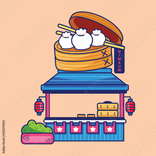 Dim sum restaurant, Chinese style food, flat and colorful illustrations.