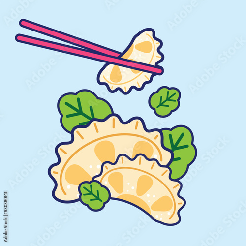 Gyoza, Japanese and Chinese style food, flat and colorful illustration.