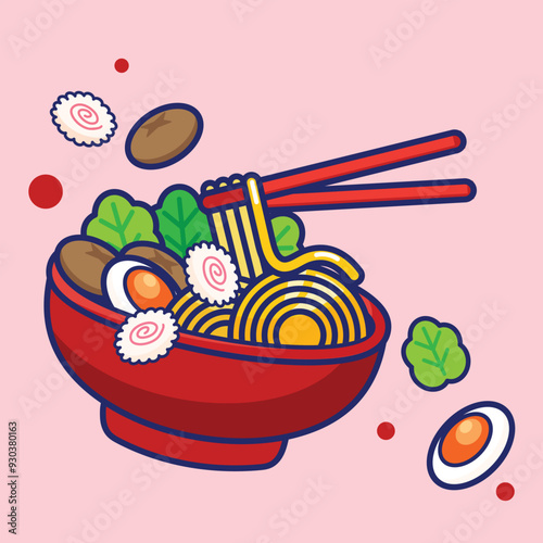Ramen, Japanese style food, noodle dishes, flat and colorful illustration.