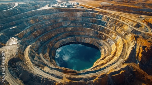 Aerial view of an open-pit mine, with terraced layers revealing the vast scale of mineral extraction. photo