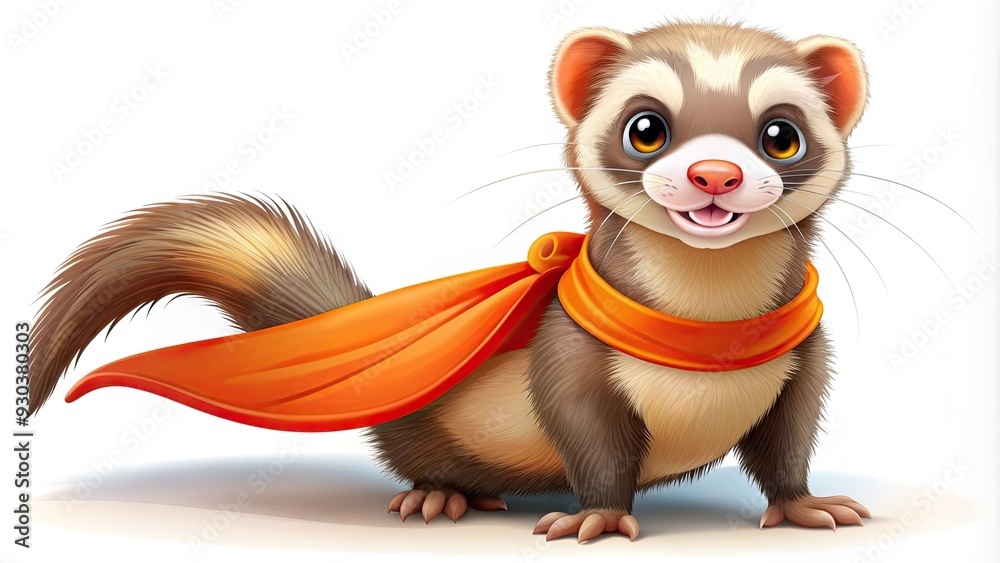 Fototapeta premium A playful, smiling ferret cartoon character stands upright, wearing a bright orange cape and holding a superhero insignia, conveying confidence and joyful energy.