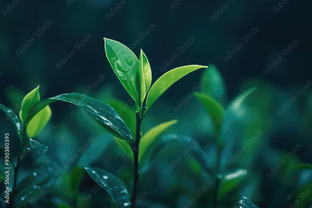Close-Up of Fresh Green Tea Leaves with Dew Drops Close-Up of Fresh Green Tea Leaves with Dew Drops