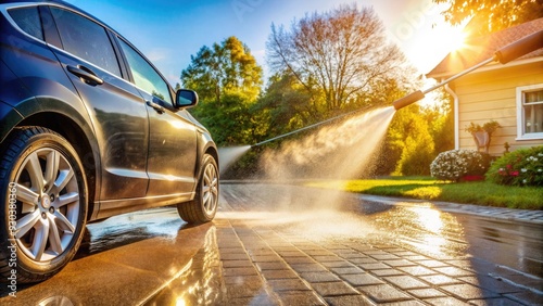 A powerful pressure washer sprays a strong jet of water to clean a dirty car's exterior on a sunny outdoor driveway or patio area. photo