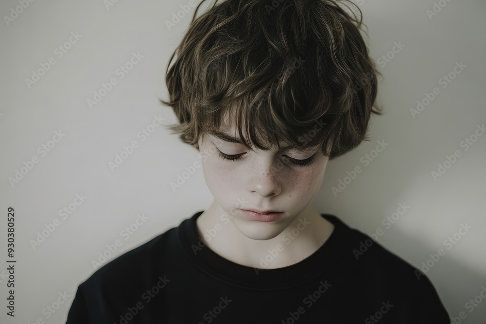 Young Boy Overwhelmed by Emptiness, Against a White Backdrop Young Boy Overwhelmed by Emptiness, Against a White Backdrop